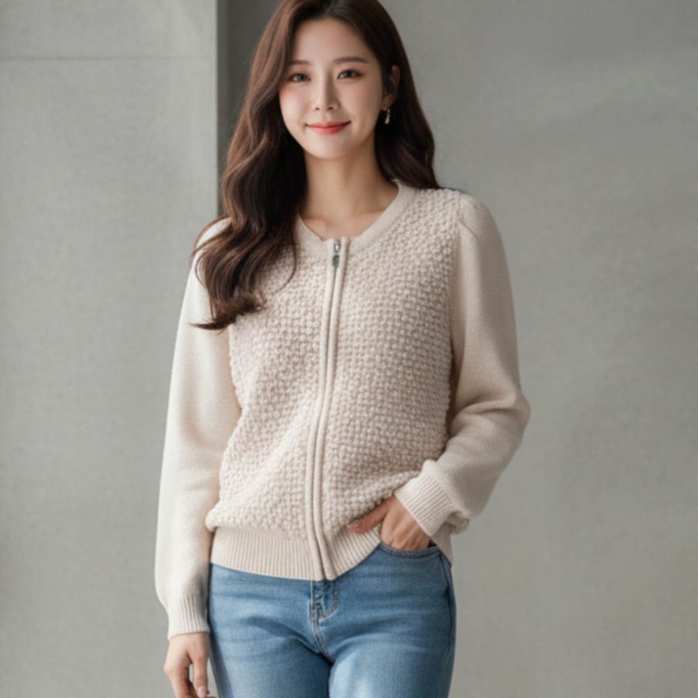 K-pop CC Collect Korean Women's  Shaggy Cream Textured Zip-Up Jacket Wool Mix